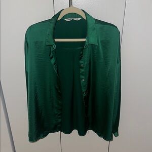 Zara Green Satin Button Down Blouse